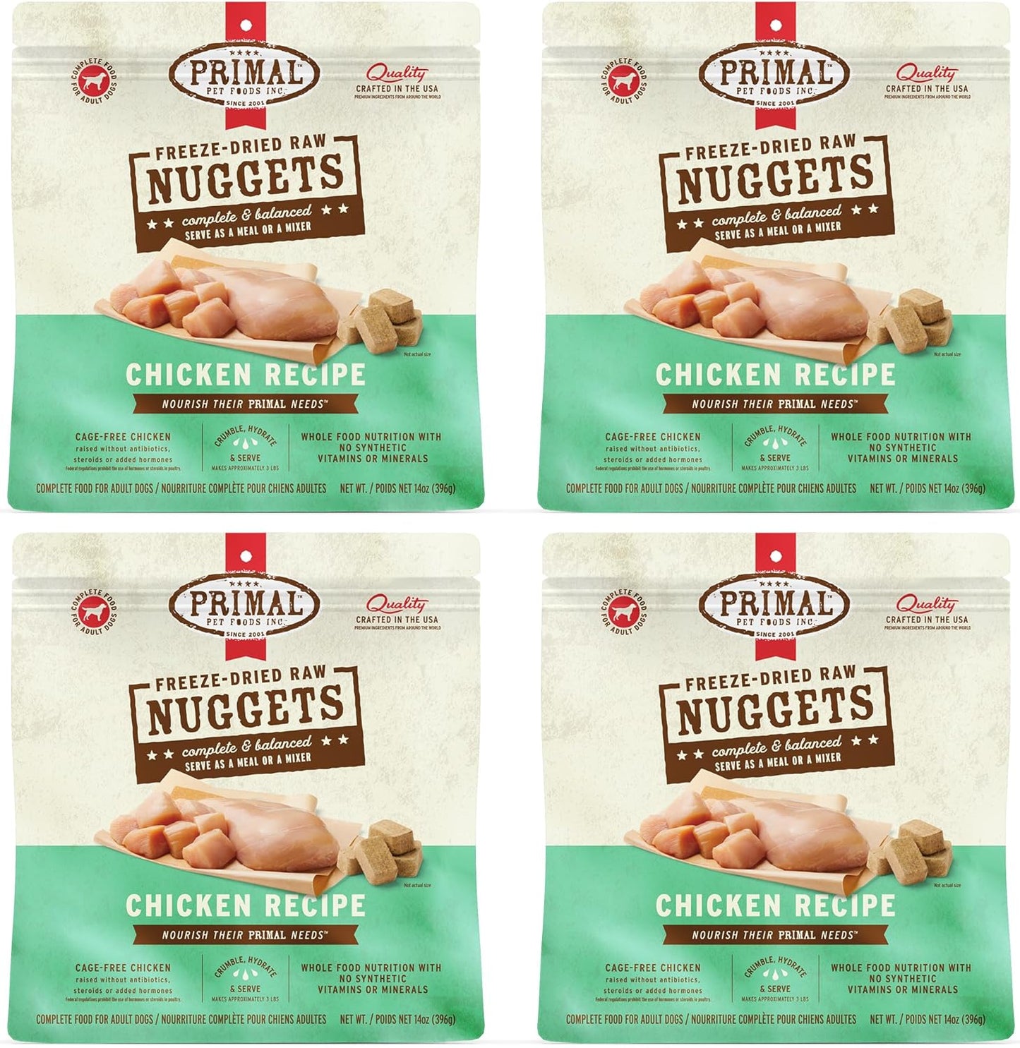 Primal Freeze Dried Dog Food Nuggets, Chicken, Complete & Balanced Meal, Also Use as Topper or Treat, Premium, Healthy, Grain Free, High Protein Raw Dog Food, 14 oz (Pack of 4)