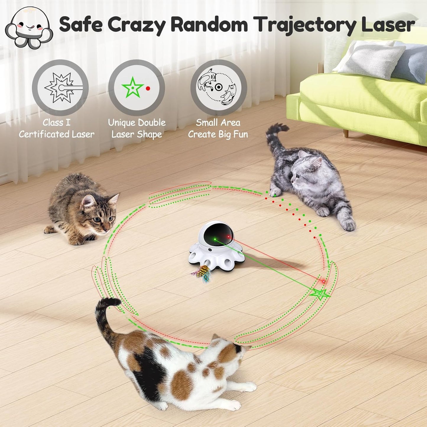 ORSDA Cat Laser Toy, 2-in-1 Interactive Automatic Motion Activated Moving 8 Holes Whack A Mole Feather, USB Rechargeable Electronic Smart Sensor Kitten Toys for Indoor Exercise