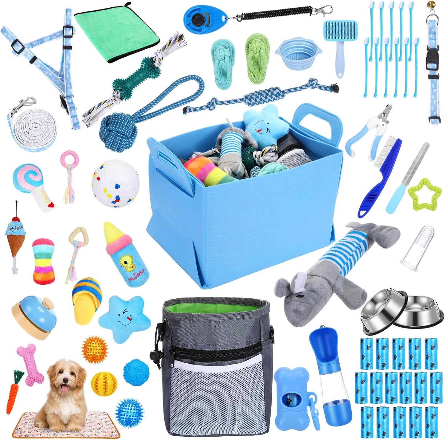 65 Pcs Puppy Supplies Starter Kit Small Dog Essentials Includes Dog Leash, Toys, Bowl, Brushes, Water Bottles, pet Blankets Puppy Accessories for New Welcome Gift Supplies(Cool,Blue)