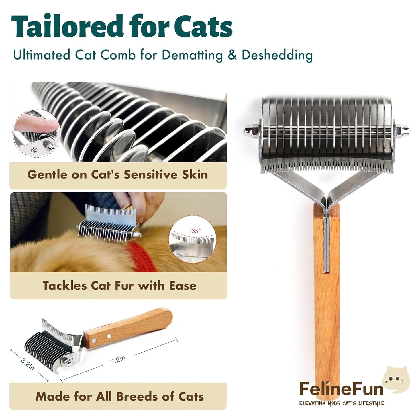 FelineFun Cat Brush for Dematting & Deshedding, 2 in 1 Undercoat Rake, Efficiently Remove Loose Hair & Matted Fur, Professional Shedding Comb for Indoor Cats & Long Haired Cats