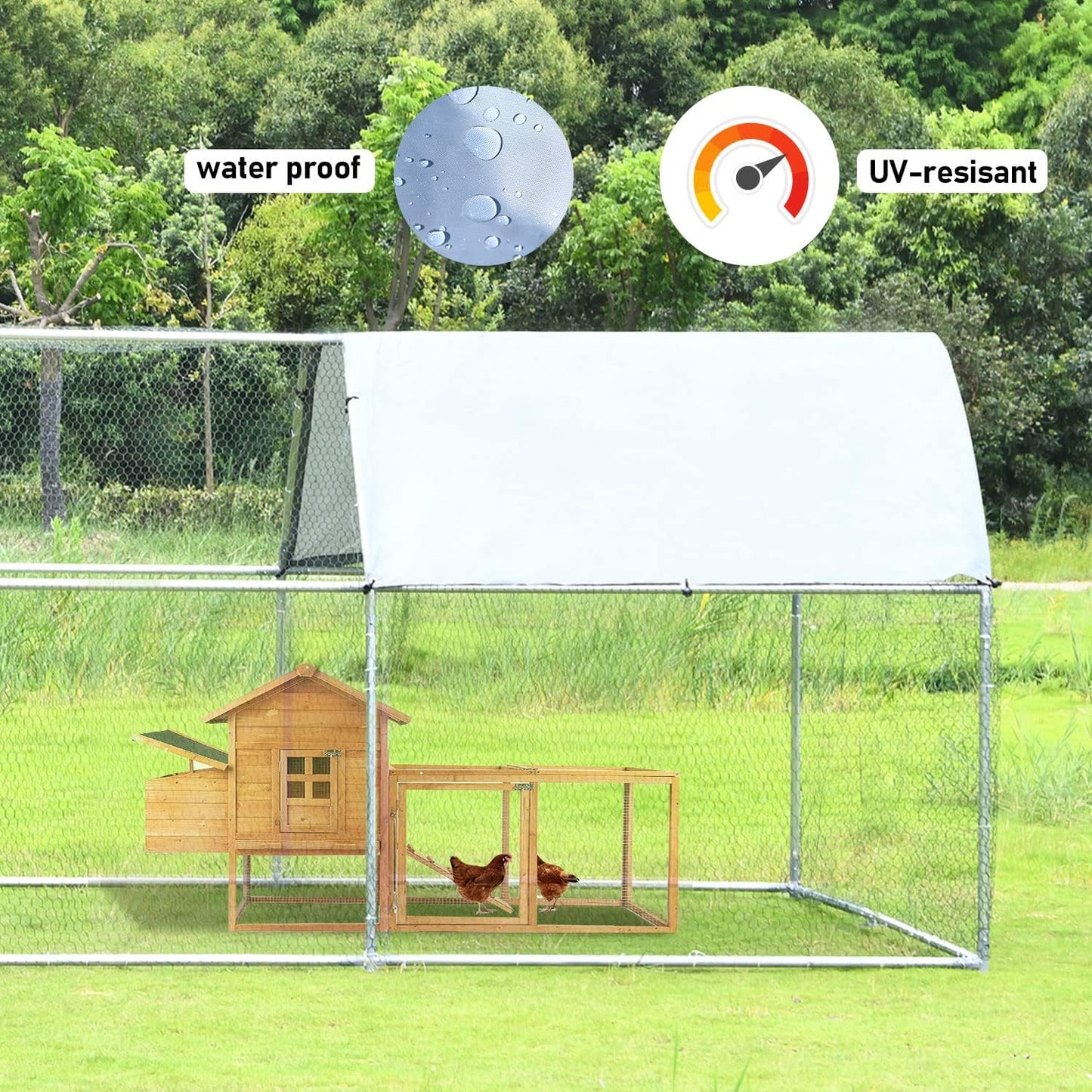 1.26’’ Large Metal Chicken Coop Walk in, Chicken Pen for Chickens, Outdoor Chicken Runs Coops Dog Kennel, Flat Roofed Chicken Runs for Yard with Anti-Ultraviolet Cover (9.2’L x 25’W x 6.4’H)