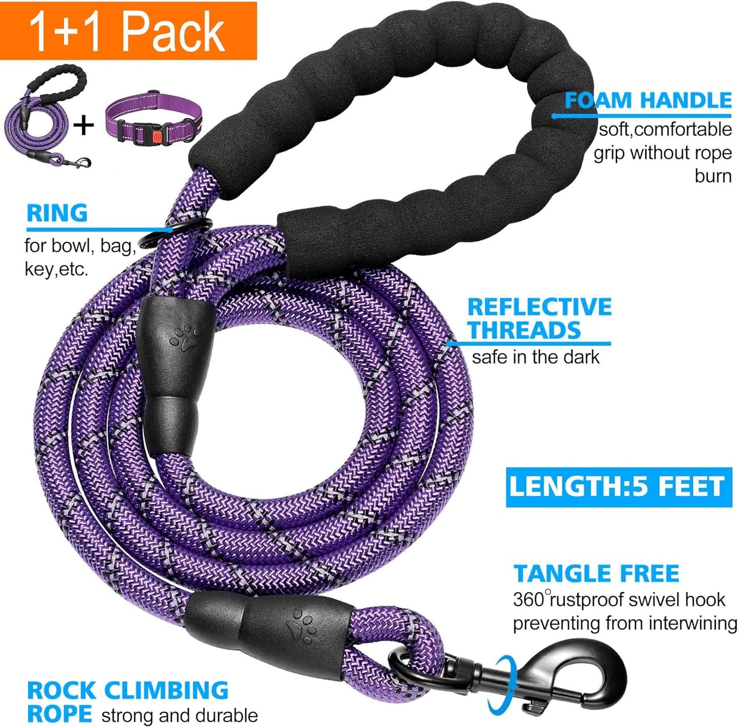 Heavy Duty Dog Leash - Comfortable Padded Handle, 5 ft Long - Dog Leashes for Small Medium Large Dogs (Leash+Collar S Neck 13.5"-16", Purple)