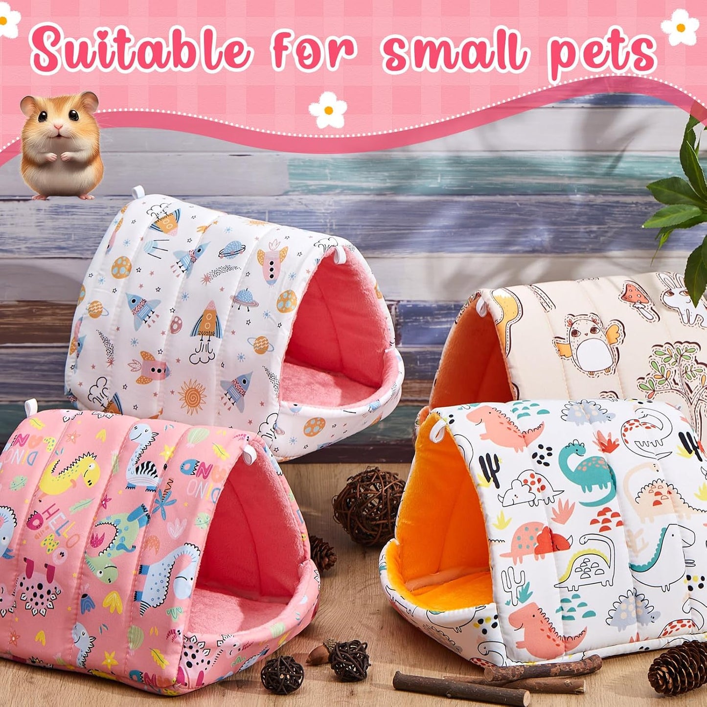 4 Pcs Guinea Pig Hideout, Guinea Pig Bed Tunnel, Rabbit Washable Small House Cage Accessories for Bunny Hedgehog Mouse Chinchillas Hamsters Ferrets Bearded Dragons Rats(Cartoon, 7.9 in)