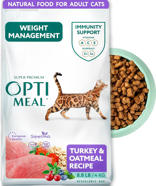 Optimeal Weight Control Dry Cat Food Recipe with Metabolism Support for Healthy Digestion, Premium Nutrition Made with Natural Ingredients for Adult Cats Maintenance (8.8 lbs, Turkey & Oatmeal)