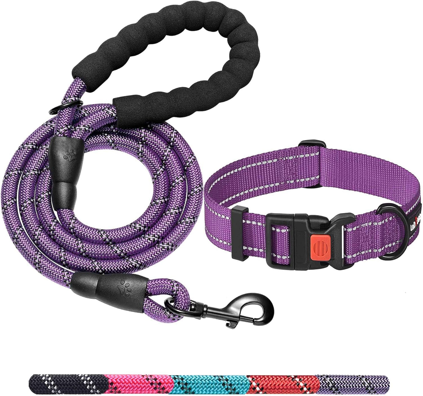 Heavy Duty Dog Leash - Comfortable Padded Handle, 5 ft Long - Dog Leashes for Small Medium Large Dogs (Leash+Collar L Neck 20"-25", Purple)