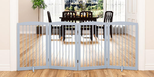 Freestanding Wooden Pet Gate - Foldable Indoor Dog Gate, 80 Inch Wide, 4 Panels, Grey