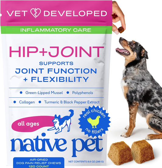 Native Pet Pain Relief for Dogs - Collagen for Dogs Promotes Joint Health, Reduce Inflammation & Stiffness - Senior Pup Joint Supplement - Natural Pain Reliever for Active & Aging Pets - 120 Chews