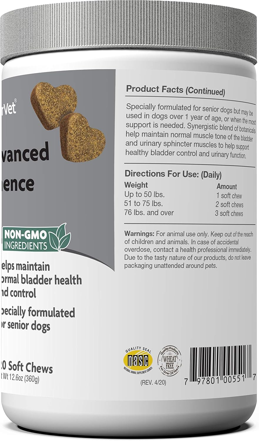 NaturVet Senior Advanced Incontinence Dog Supplement – Helps Support Dog’s Bladder Control, Normal Urination – Includes Synergistic Blend of Botanicals – 120 Ct. Soft Chews