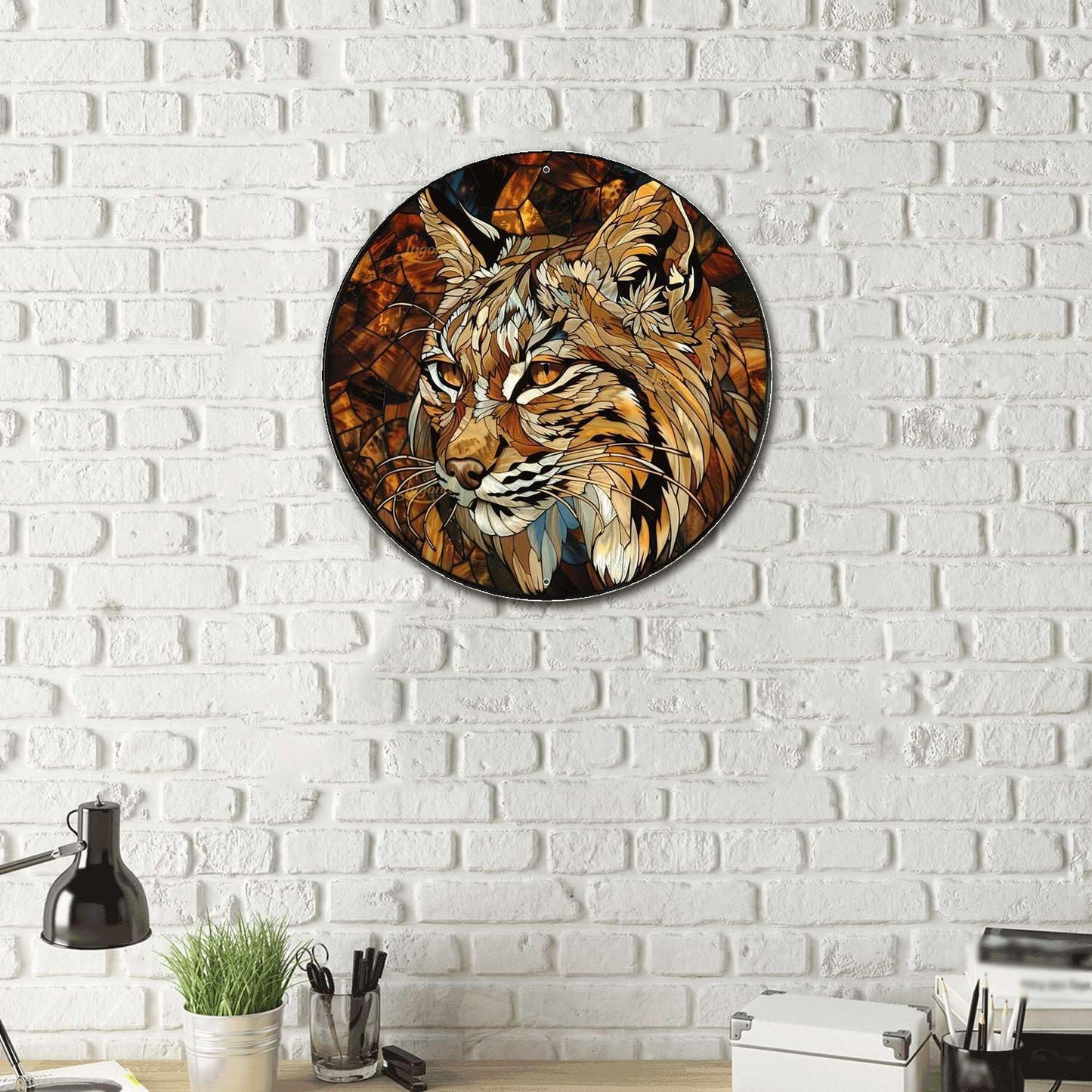 Lygond Metal Sign Tin Sign Circular Stained Glass Bobcat Signs for Garden for Patio 12×12 Inches