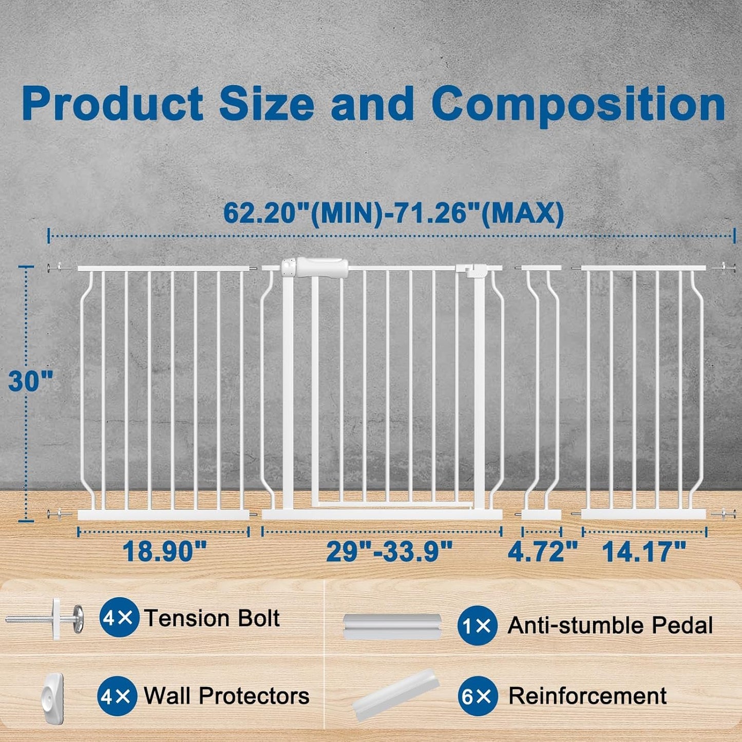 ALLAIBB Extra Wide Pressure Mounted Baby Gate Walk Through Child Kids Safety Toddler Tension White Long Large Pet Dog Gates with Extension for doorways Kitchen (62.20-71.26"/158-181cm, White)