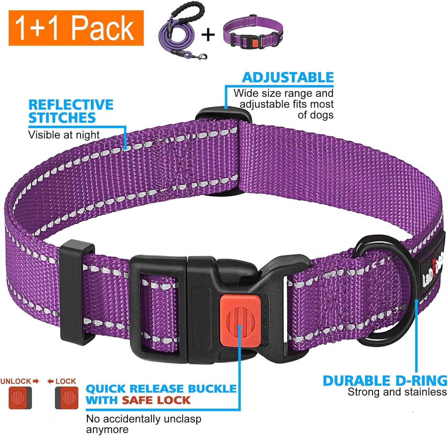 Heavy Duty Dog Leash - Comfortable Padded Handle, 5 ft Long - Dog Leashes for Small Medium Large Dogs (Leash+Collar XS Neck 10.5"-13.5", Purple)