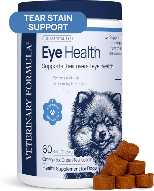 Veterinary Formula Eye Health Supplement for Dogs – Vet-Formulated Tear Stain Chews with Omega 3, Lutein & Cranberry – Smart Vitality Supports Eye Moisture, Stain Reduction & Immunity, 60 Soft Chews