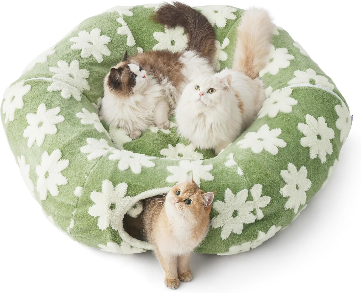 Lesure Large Cat Tunnel Bed - Cute Donut Bed for Indoor Cats with Washable Circle Cushion, Round Pet Peekaboo Cave Toy for Multi Kitten/Puppy/Rabbit, Large Green