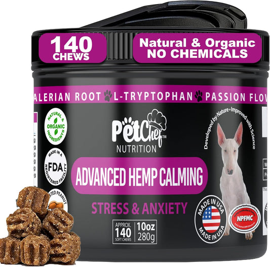 Pet Chef Dog Calming Chews 140 Ct - Hemp Calming Treats for Dogs Anxiety Relief - Natural Chews for Separation Anxiety, Stress & Pain - Peanut Butter Flavor - USA Made Calming Bites