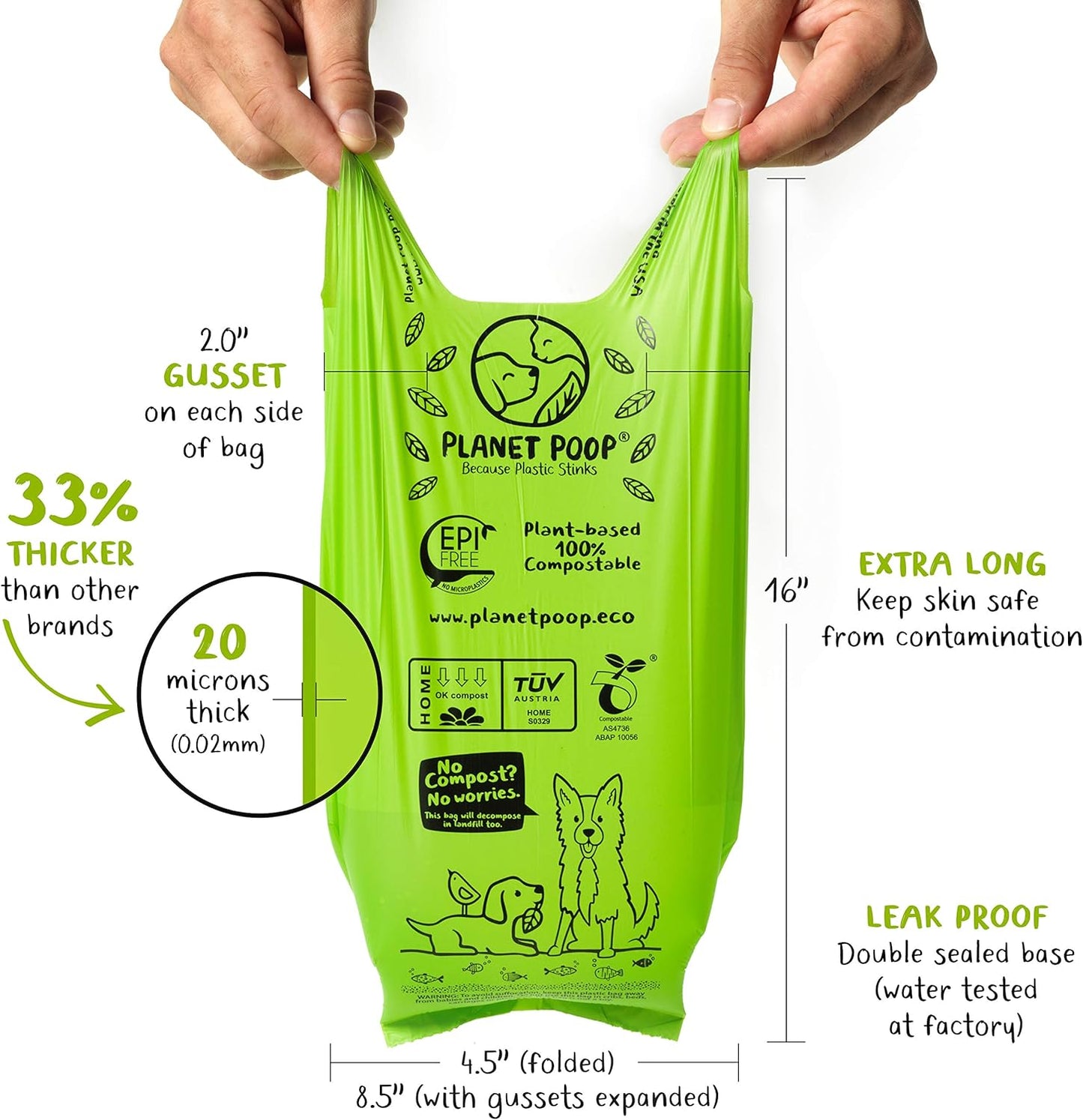 PLANET POOP Home Compostable Dog Poop Bags Extra Long with Handles | Large Single Roll 200 Grab & Go | Un-scented Dog Waste Bag | Leakproof Doggy & Cat Bags | Plant-Based Pet Supplies