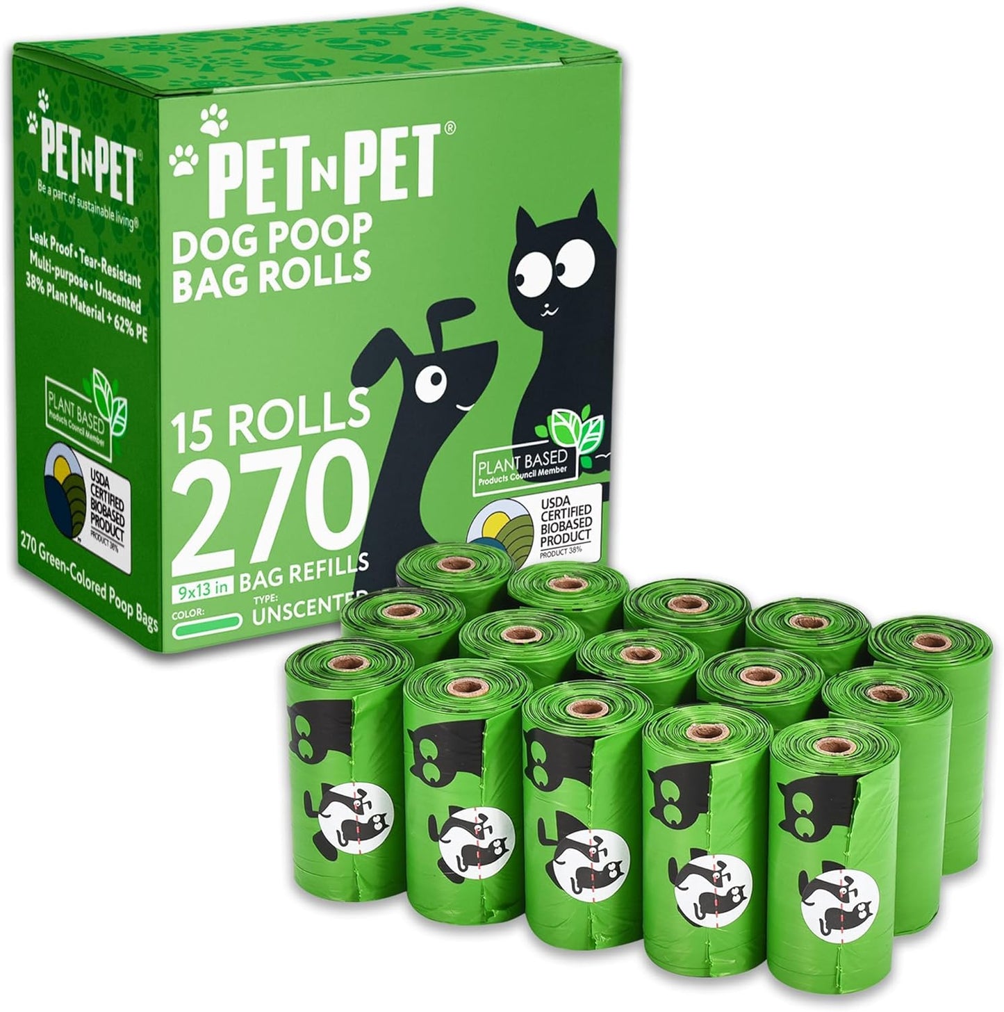 Pet N Pet 270 Counts Green Poop Bags for Dogs, 38% Plant Based & 62% PE Extra Thick Dog Poop Bags Rolls, 9" x 13", Unscented Dog Waste Bag, Pet Supplies for Dogs