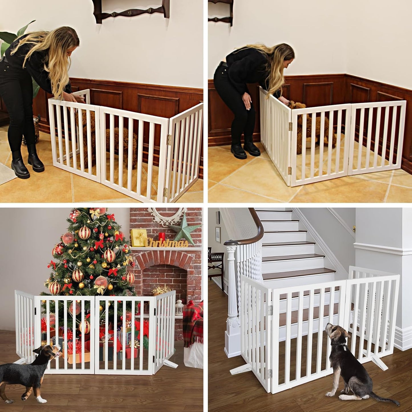 ZJSF Freestanding Indoor Dog Gate for House Foldable Wood White Puppy Gate for Doorways Pet Gate for Stairs Extra Wide Pet Fence 24" Height 4 Panels