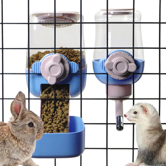 kathson Automatic Rabbit Feeder and Waterer Set, Gravity Pet Food Water Dispenser Bunny Pellet Feeder Small Animal Feeding & Watering Supplies for Guinea Pig Ferret Crate Accessories (Blue)