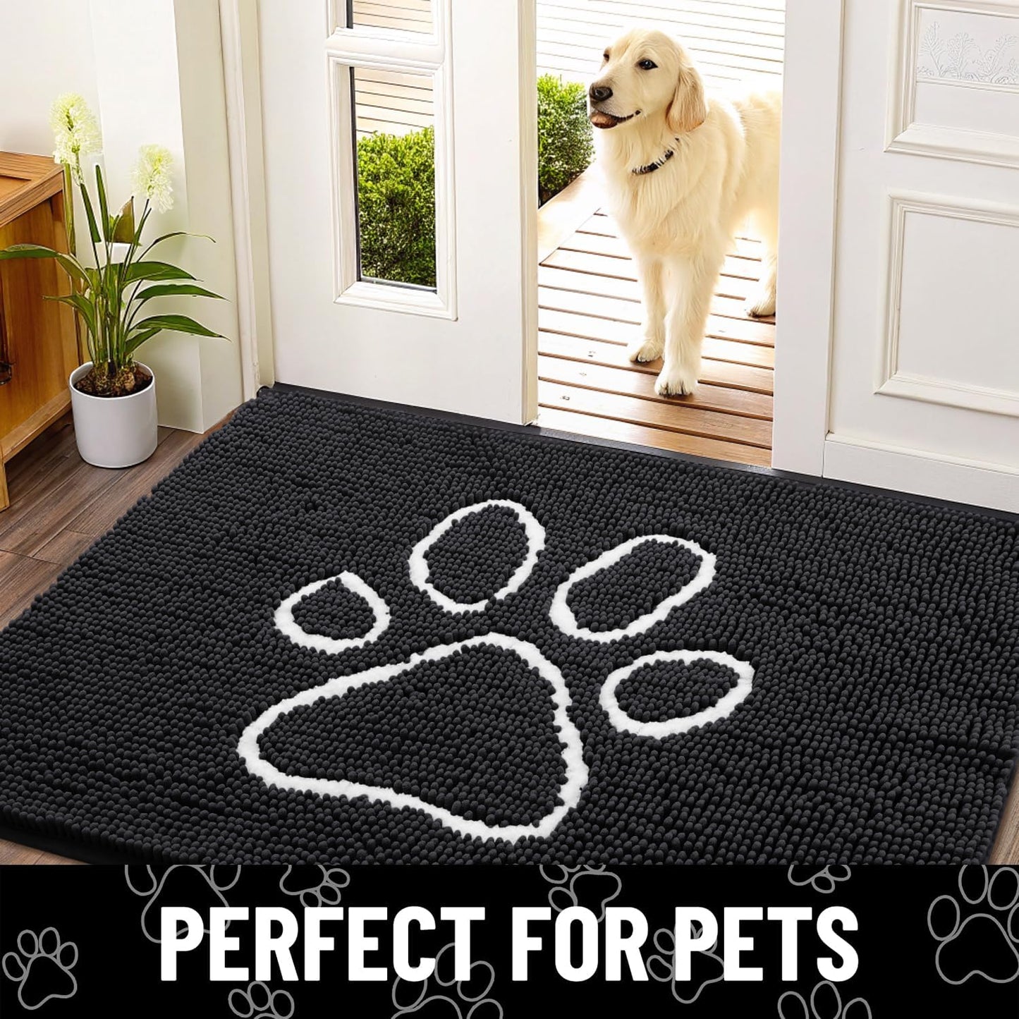 Smiry Dog Door Mat for Muddy Paws, Absorbent Dirt Trapper Non Slip Quick Dry Washable Chenille Mat for Mud Dogs, Entry Rug for Indoor and Outdoor (48x30 Inches, Black)