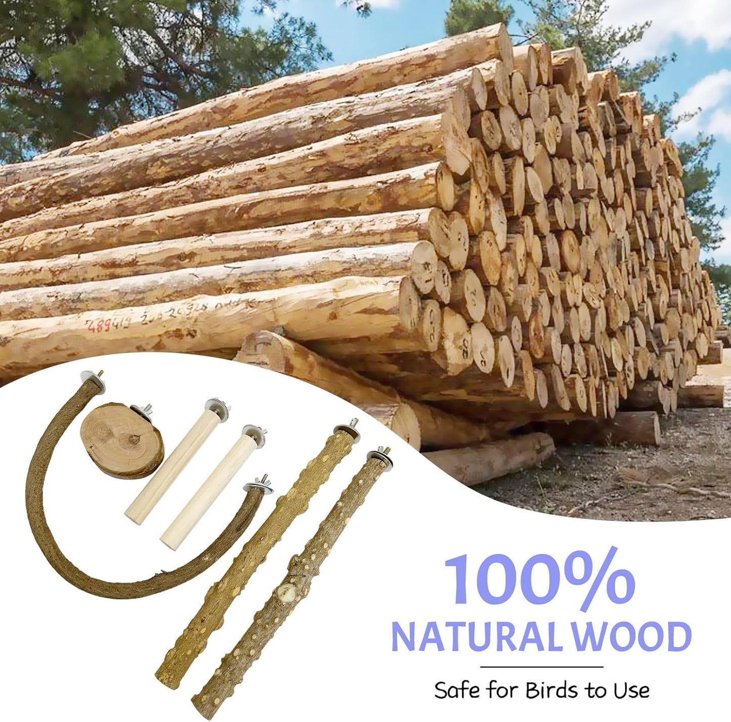 PINVNBY 6 PCS Natural Bird Perches Wooden Parrot Perch Sets Bird Perches for Cage Parakeet Platform Hammock Paw Grinding Fork Chewing Stick for Budgies Conures Finches Cockatiels Lovebirds