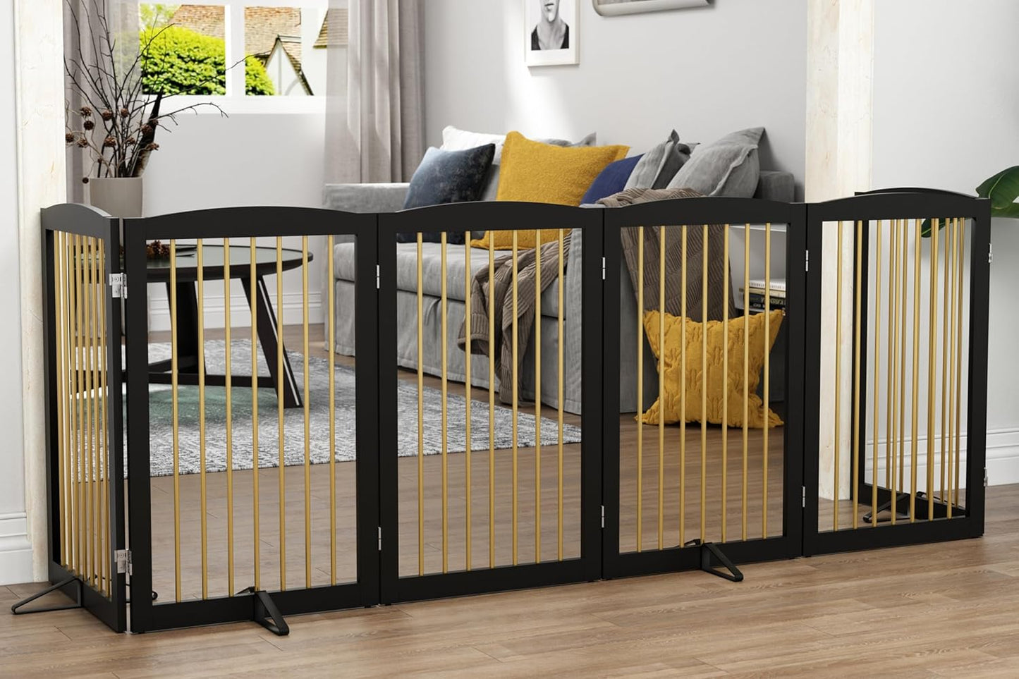 Freestanding Pet Gate for Dogs, Indoor Wooden Dog Gate for House, Extra Wide Dog gate, Foldable Dog Gate for Stair, Doorway, Hall, Support Feet Included, 120 Inch Wide, 6 Panels 32",Black&Gold
