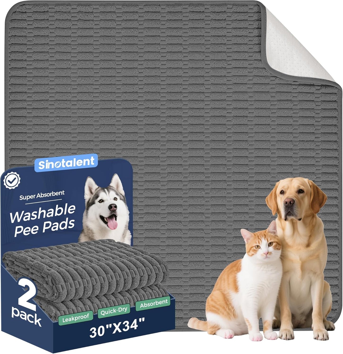 Washable Pee Pads for Dogs, 2 Pack Reusable Puppy Pads Dog Pads, Non-Slip Dog Pee Pads, Leakproof Pet Pee Pads Wee Wee Pads for Dogs. (Dark Grey, 30"x34"(Pack of 2))