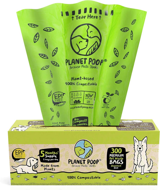 PLANET POOP Home Compostable Dog Poop Bags, Large Single Roll 300 Grab & Go, for Dogs Un-Scented Dog Waste Bags, Thick Leakproof Doggy Cat Bag, Plant-Based Pet Supplies