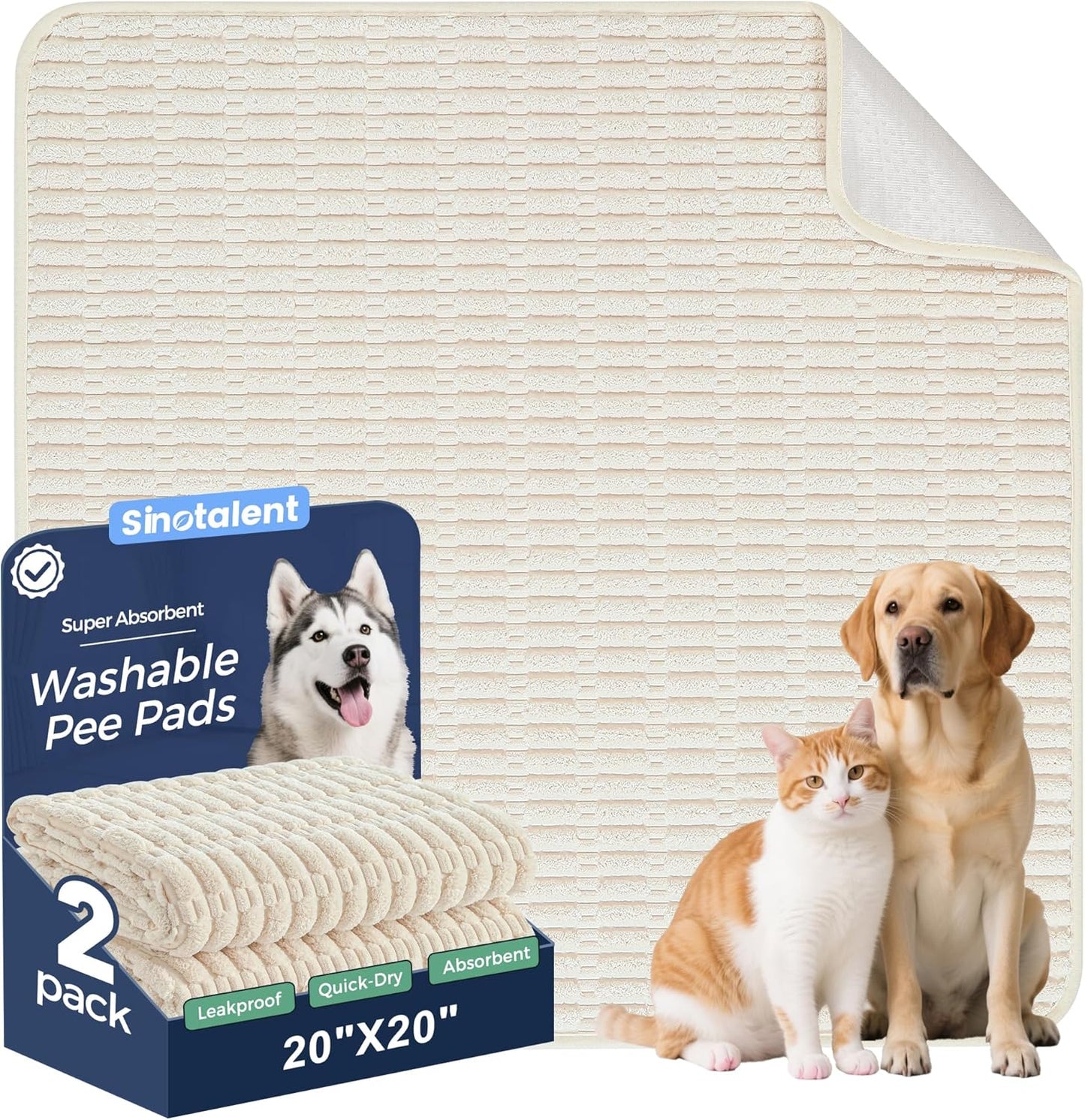 Washable Pee Pads for Dogs, 2 Pack Reusable Puppy Pads Dog Pads, Non-Slip Dog Pee Pads, Leakproof Pet Pee Pads Wee Wee Pads for Dogs. (Cream White, 20"x20"(Pack of 2))
