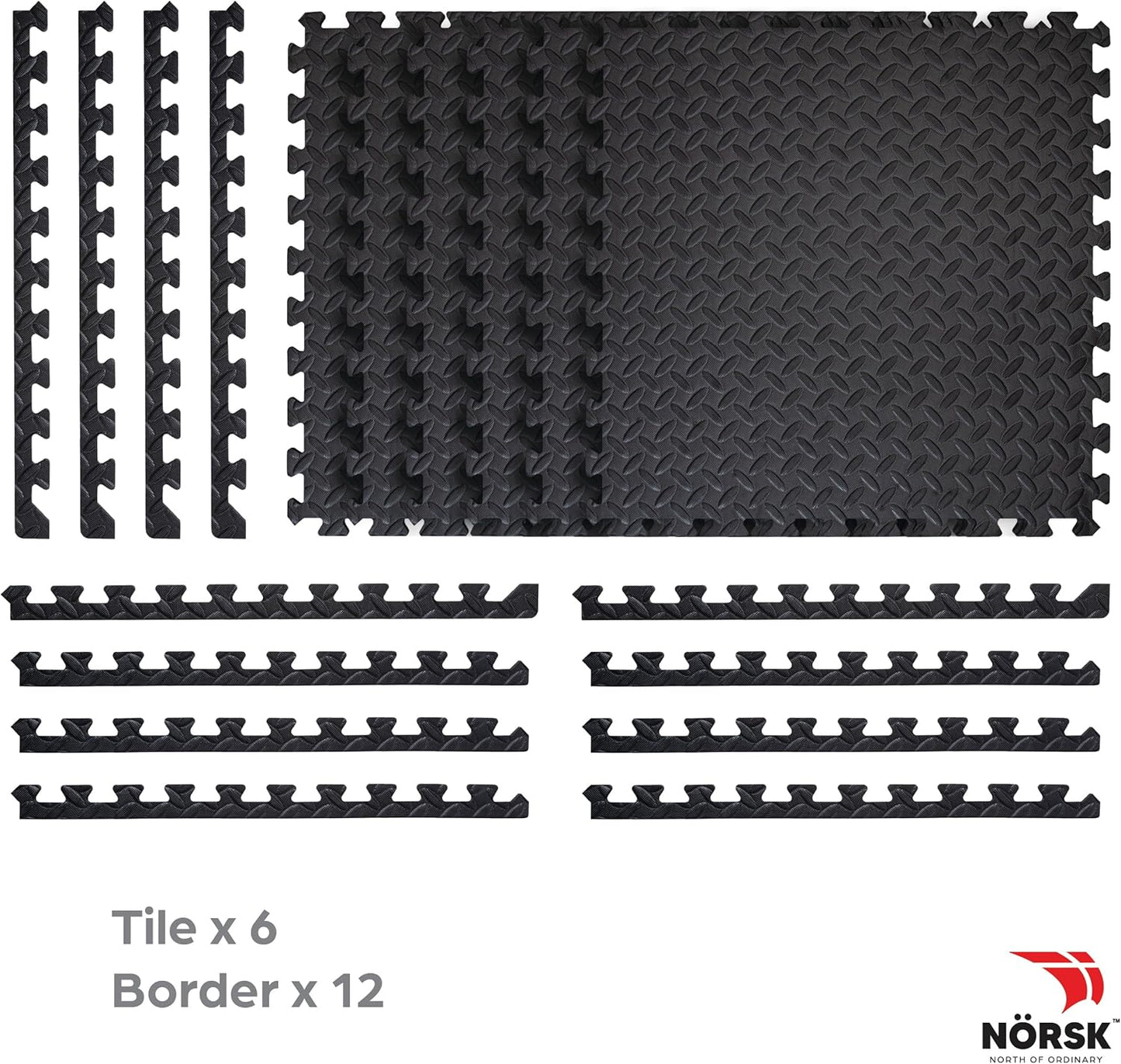Norsk Foam Floor Gym Mats with Interlocking Tiles, .47" Thick, 24"x24", 24-Pack, 96 Square Feet, Diamond Plate Design, Black
