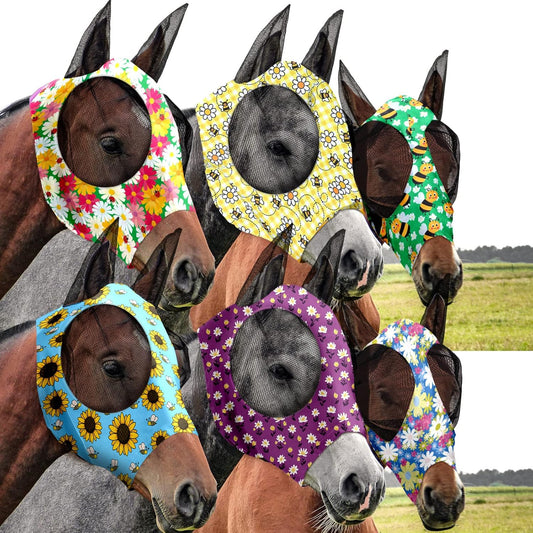Chunful 6 Pcs Horse Fly Masks for Horses with Ears Smooth and Comfortable Fly Masks Cashel Fly Mask Elasticity Horse Face Mask Horse Masks Covering for Horses Riding Supplies(Large, Floral)