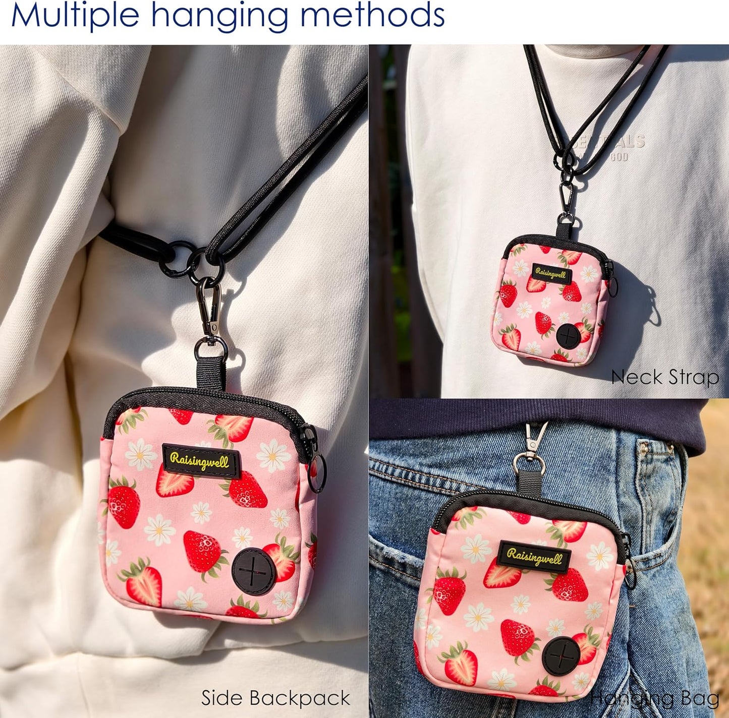 Dog Treat Pouch for Pet Walking and Training with Clicker Poop Bags Small Fanny Zipper Pack Holder for Puppy Snack Dispenser Kit for Leash and Outdoor Use (Strawberry)