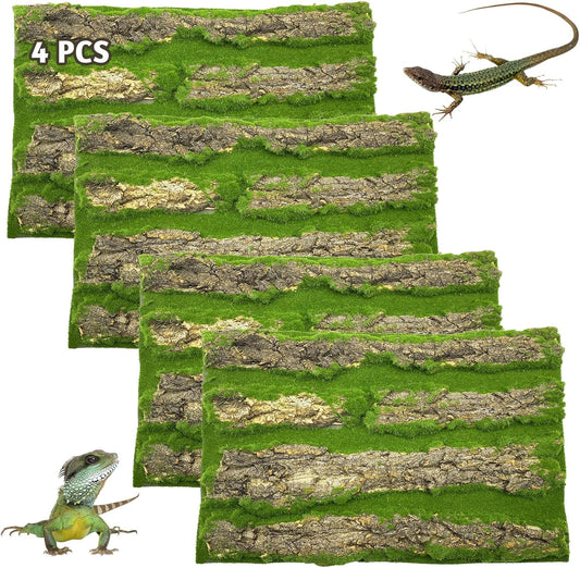 PINVNBY Reptile Terrarium Cork Background, Bearded Dragon Tank Bark Backdrop Wall Decor with Artificial Moss for Gecko Lizard Tortoise Frog Chameleon(4 Pack)
